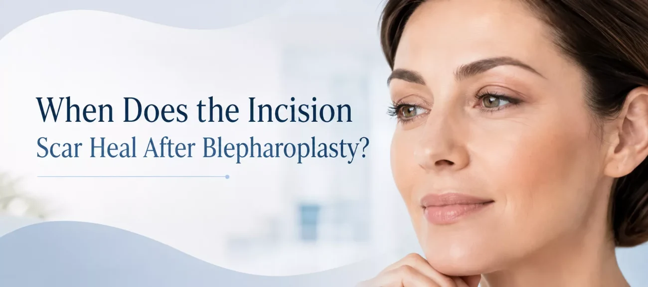 When does the incision scar heal after blepharoplasty?